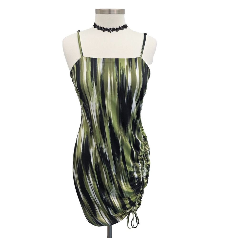 Madden NYC Green Ruched Bodycon‎ Mini Dress Y2K Spaghetti Strap Womens Size L